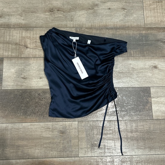 Veronica Beard Dione one shoulder draped silk satin top in navy - Picture 3 of 6